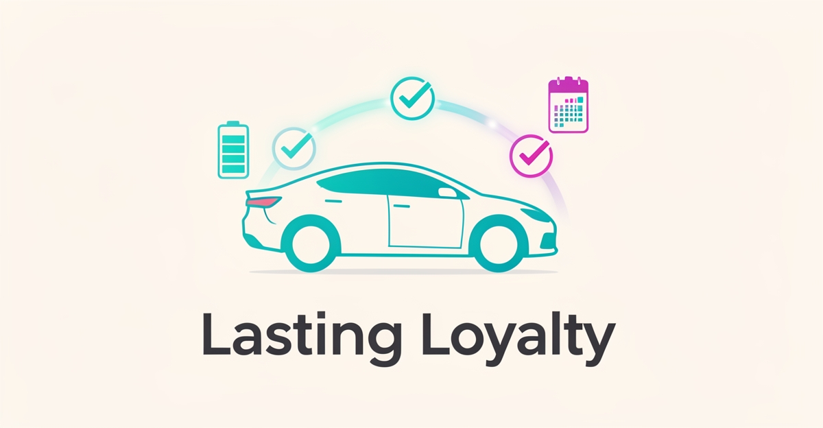 Flat illustration of an EV linked to recurring service milestones, symbolizing turning one-time diagnostics into long-term service contracts.
