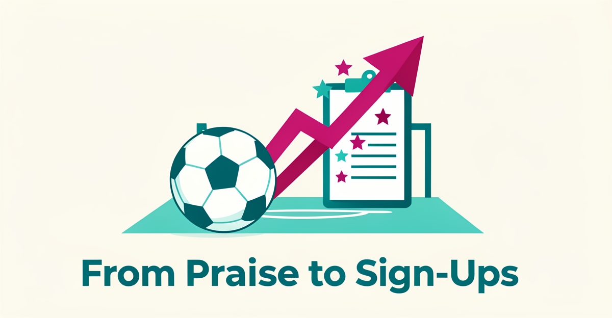 Flat illustration of a soccer ball and five-star review transforming into a rising arrow, symbolizing testimonials driving youth sports sign-ups.