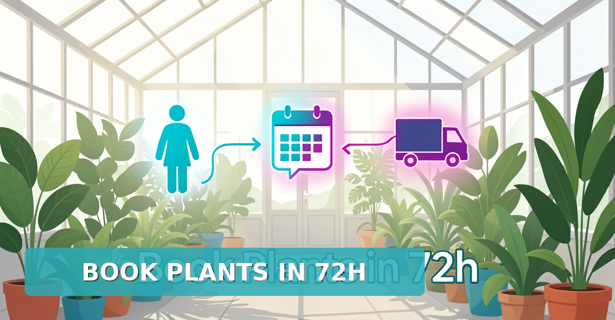 Modern flat illustration of a greenhouse with digital customer journey flow showing AI-powered booking of plant orders within 72 hours, using brand colors as accents.