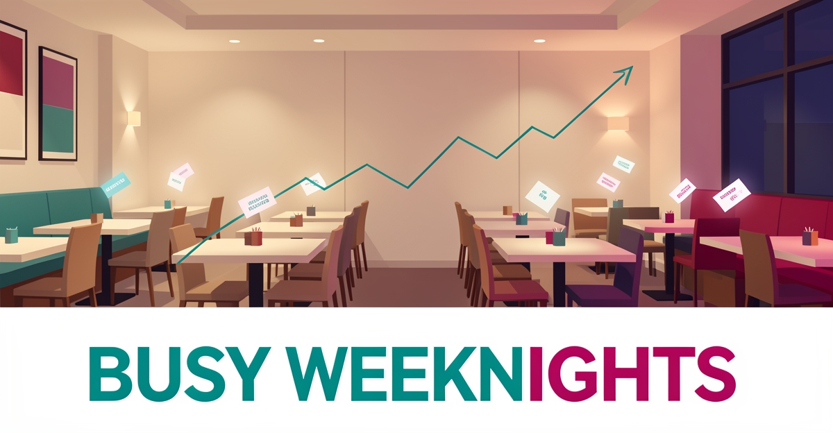 Flat illustration of a glowing restaurant interior with rising reservation cards and an upward trend line, accented in teal and magenta.