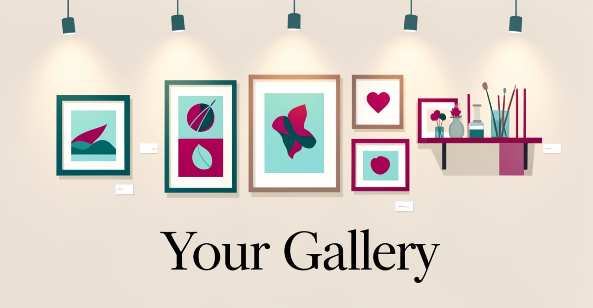 Flat illustration of a framing shop wall styled as a personal gallery with framed art in teal and magenta accents.