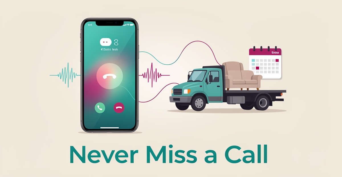 Flat illustration of a smartphone with an AI voice call connecting to a furniture pickup truck and scheduled calendar, accented in teal and magenta.