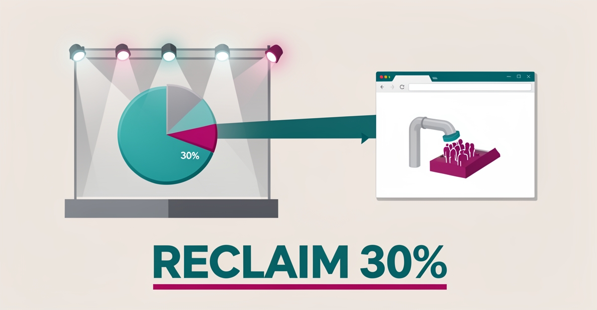 Flat illustration of a venue reclaiming 30% revenue from third-party ticketing fees via an owned web ticketing strategy, accented in teal and magenta.