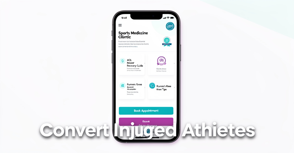 Modern flat illustration of a mobile sports medicine website showing injury-specific content and booking button, with brand-colored accents and headline 'Convert Injured Athletes' in lower third.