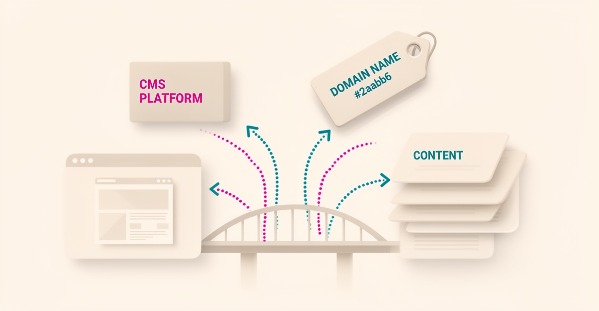 Flat illustration of four website migration paths—domain, platform, redesign, and content—linked by redirect arrows with a headline reading 4 Migration Types.