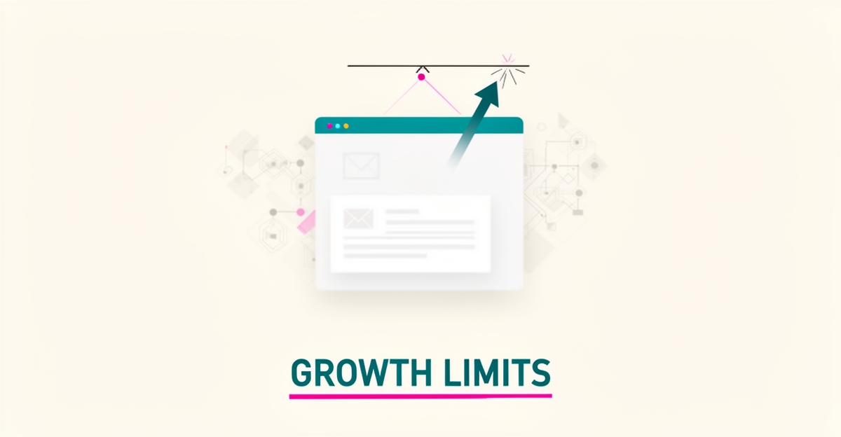 Flat illustration of an email design constrained by a ceiling with blocked growth arrow in teal and magenta, headlined Growth Limits.