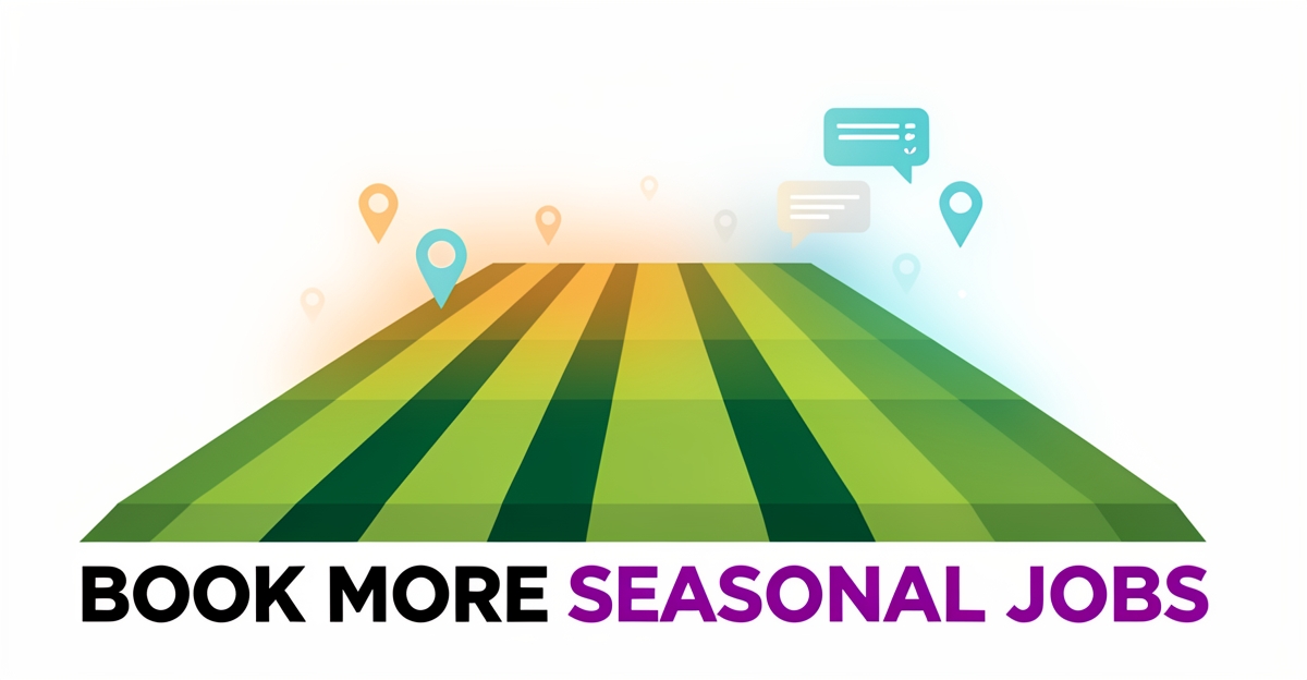A minimalist flat illustration of a farm field with digital overlays like location pins, heatmap, and chatbot icons, featuring a bold headline in the lower third promoting seasonal service bookings.