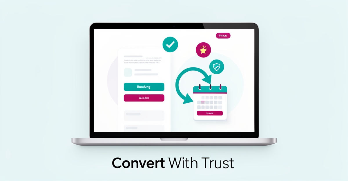 Flat illustration of a counseling website with trust badges and a booking flow funnel, headline reading Convert With Trust.