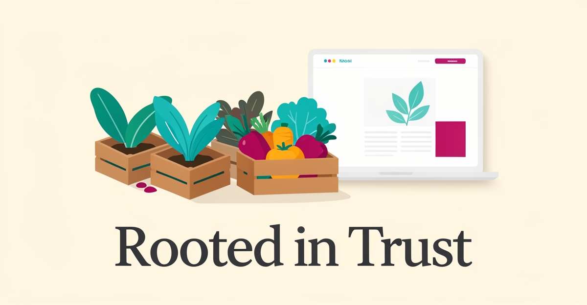Flat illustration of fresh farm produce and a minimal website interface with teal and magenta accents, headlined Rooted in Trust.