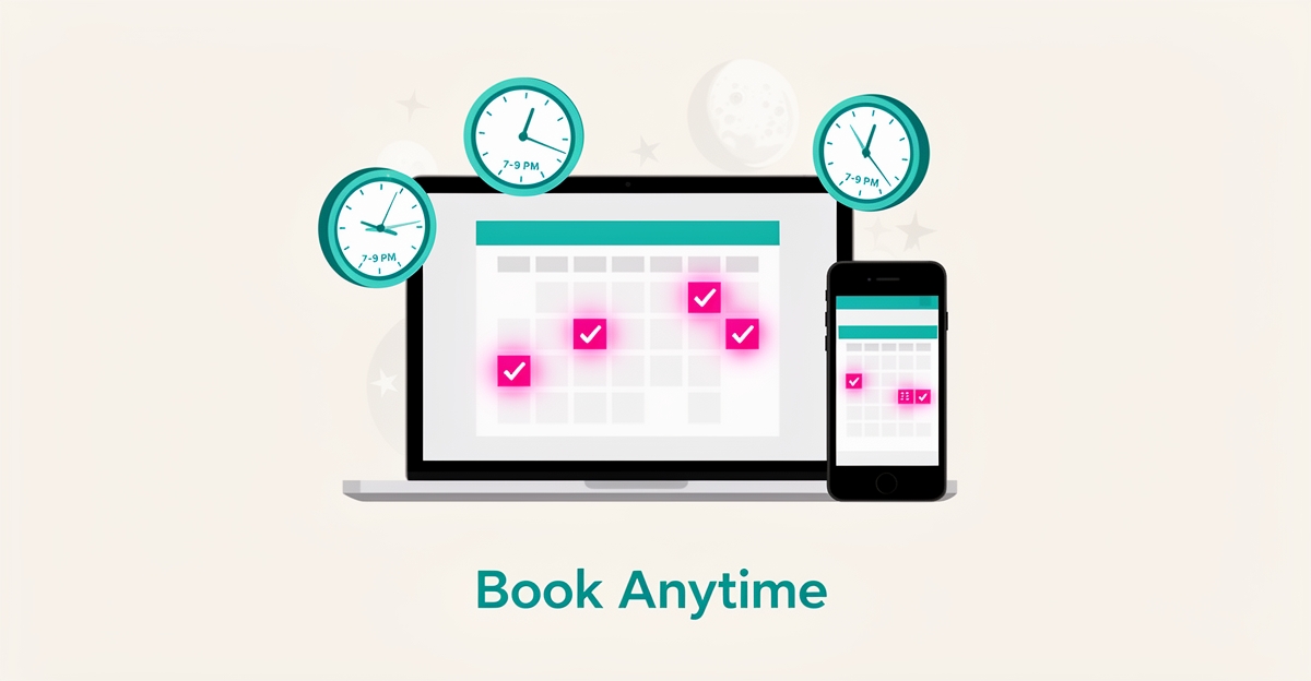 Flat illustration of a laptop and phone with a booking calendar and evening clock icons, symbolizing 24/7 online booking, with headline Book Anytime.