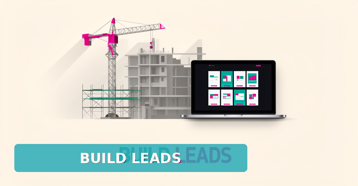Flat illustration of a construction site with crane and a laptop showing a contractor website, accented in teal and magenta with the headline Build Leads.