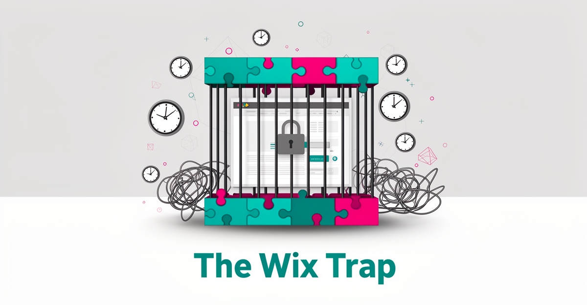 Flat illustration of a website template locked in a puzzle-piece cage with clocks, symbolizing Wix's hidden costs and lock-in.