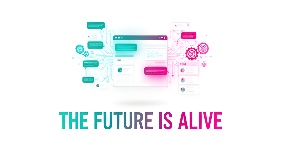 Flat illustration of a website transforming into an AI-powered business system with chat, CRM, and automation nodes in teal and magenta.