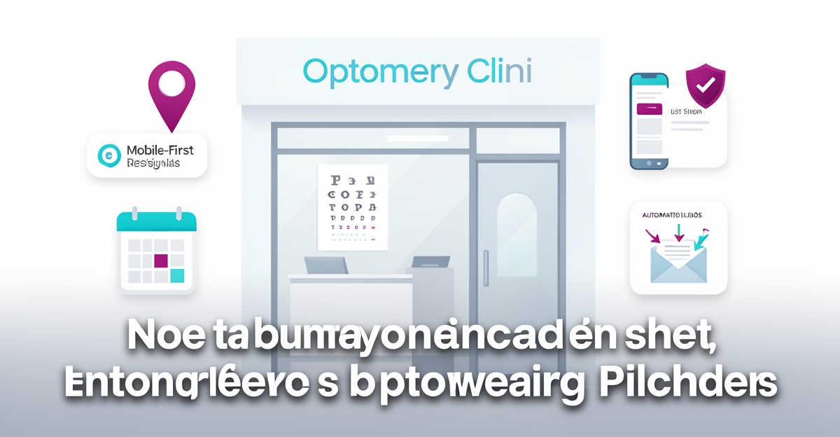 Modern flat illustration of an optometry clinic with digital marketing symbols floating around it, featuring the headline 'Boost Walk-In Calls' in the lower third, using brand colors #2aabb6 and #d946ef as accents