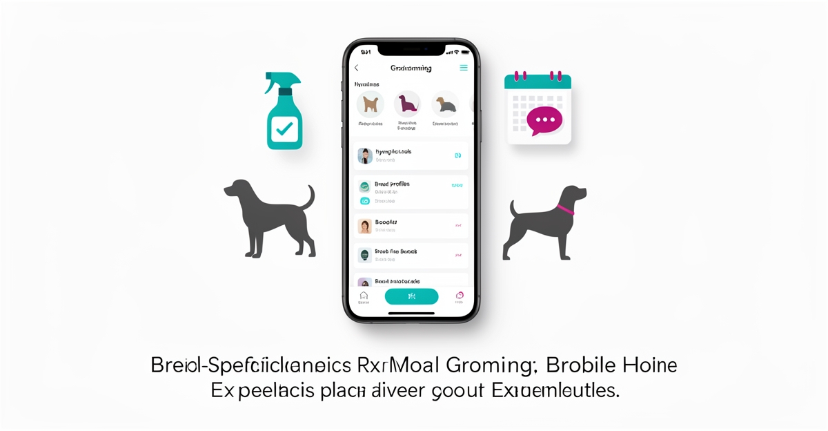 Flat illustration of a smartphone showing a mobile grooming site with hygiene, breed expertise and booking icons in teal and magenta accents.