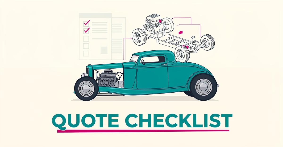 Flat illustration of a disassembled classic hot rod with blueprint components and a quote checklist headline in teal and magenta.
