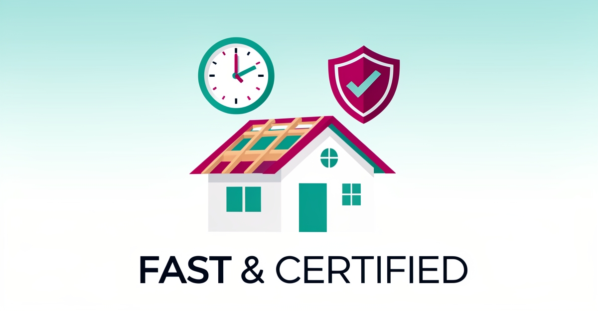Flat illustration of a rooftop with a clock and safety shield icon, symbolizing fast roof repair turnaround and certified safety standards.