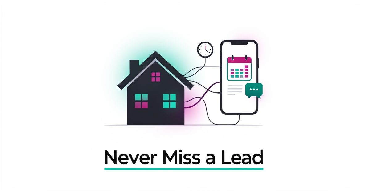 Flat illustration of a roof connected to a smartphone with AI booking and chat icons, headline reading Never Miss a Lead.