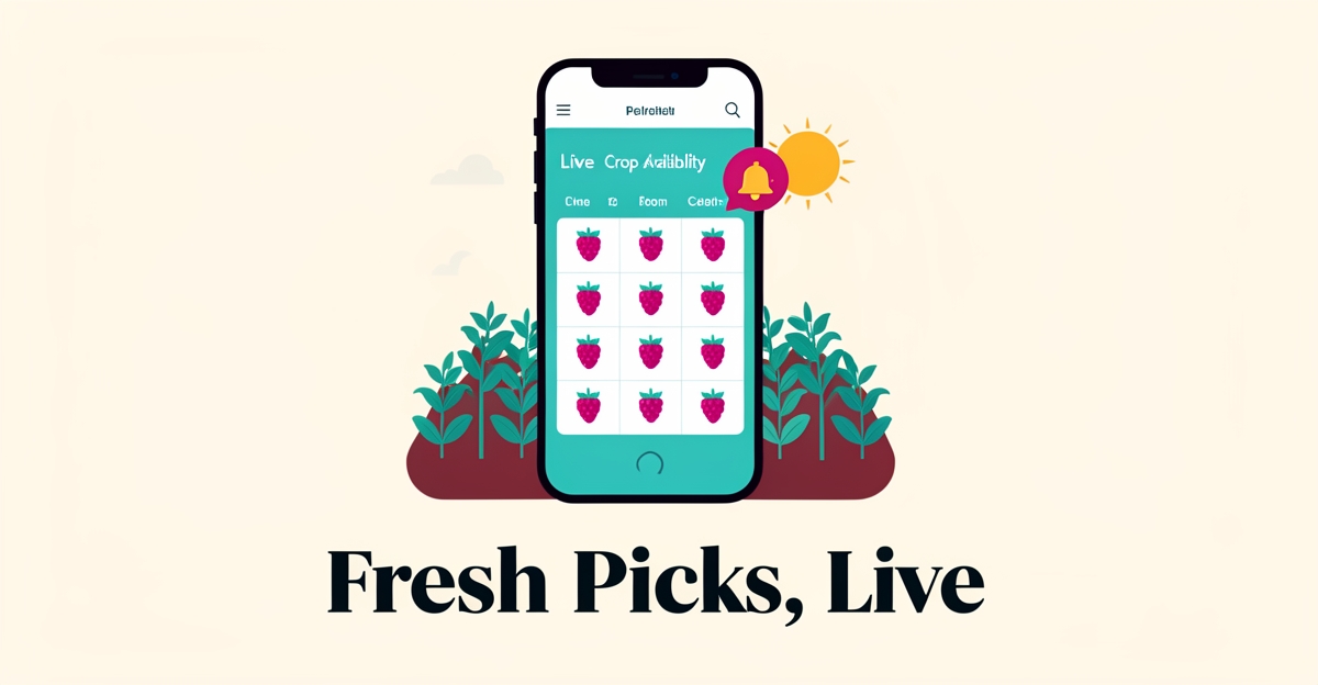 Flat illustration of a smartphone showing a live crop availability calendar over a stylized U-pick farm field in teal and magenta accents.
