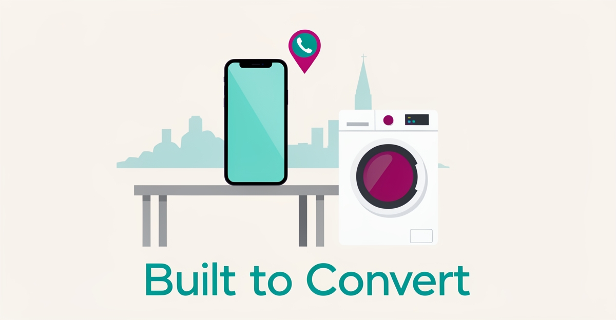 Flat illustration of a smartphone with click-to-call icon beside a washing machine, representing mobile-first websites for Halifax appliance repair businesses.