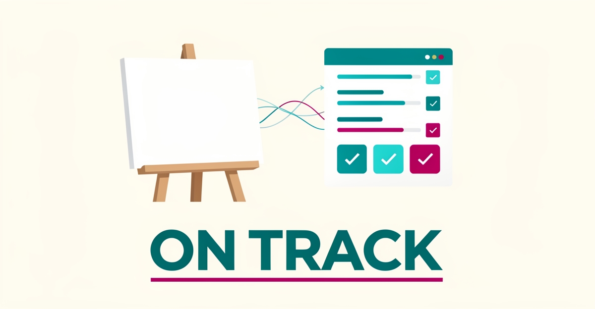 Flat illustration of a painted sign beside a project dashboard with timeline bars, symbolizing organized sign painting project tracking.