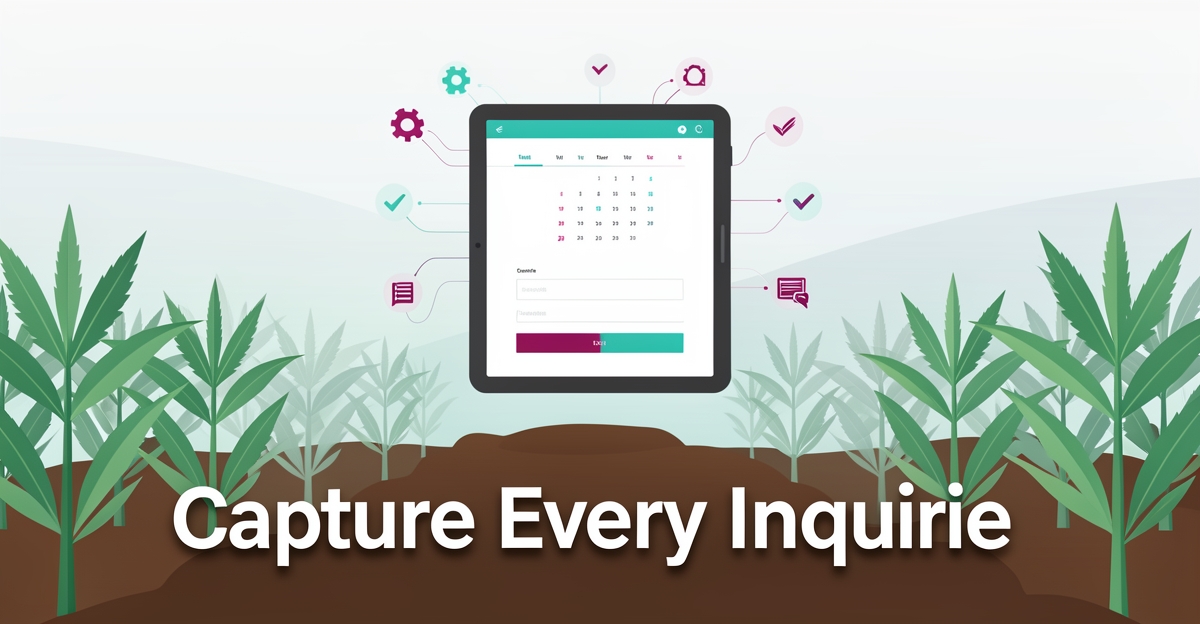 A minimalist flat illustration of a hemp field with a floating tablet showing a booking form, using brand colors teal and magenta as accents, with the headline 'Capture Every Inquiry' in the lower third