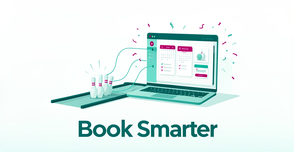 Flat illustration of a bowling lane and dashboard icons showing unified birthday party booking management, accented in teal and magenta.