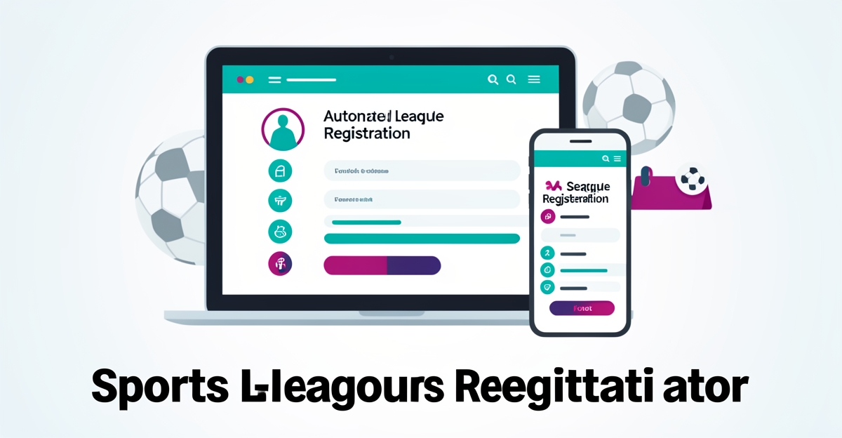 A minimalist flat illustration of a laptop and phone showing sports league registration with AI follow-up, using brand colors, with headline 'Convert Sports Leads' in the lower third.