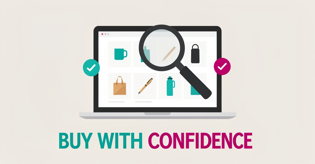 Flat illustration of a magnifying glass inspecting an online store grid of promotional products, with headline Buy With Confidence.