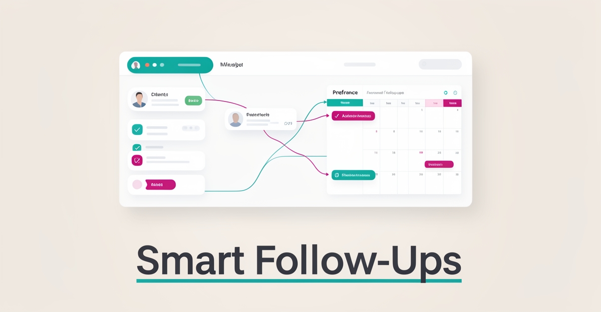 Flat illustration of an AI dashboard tracking client preferences and automated follow-up scheduling, accented in teal and magenta.
