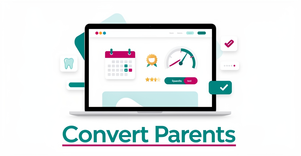 Flat illustration of a pediatric dental website interface with booking, reviews, and speed elements in teal and magenta, headlined Convert Parents.
