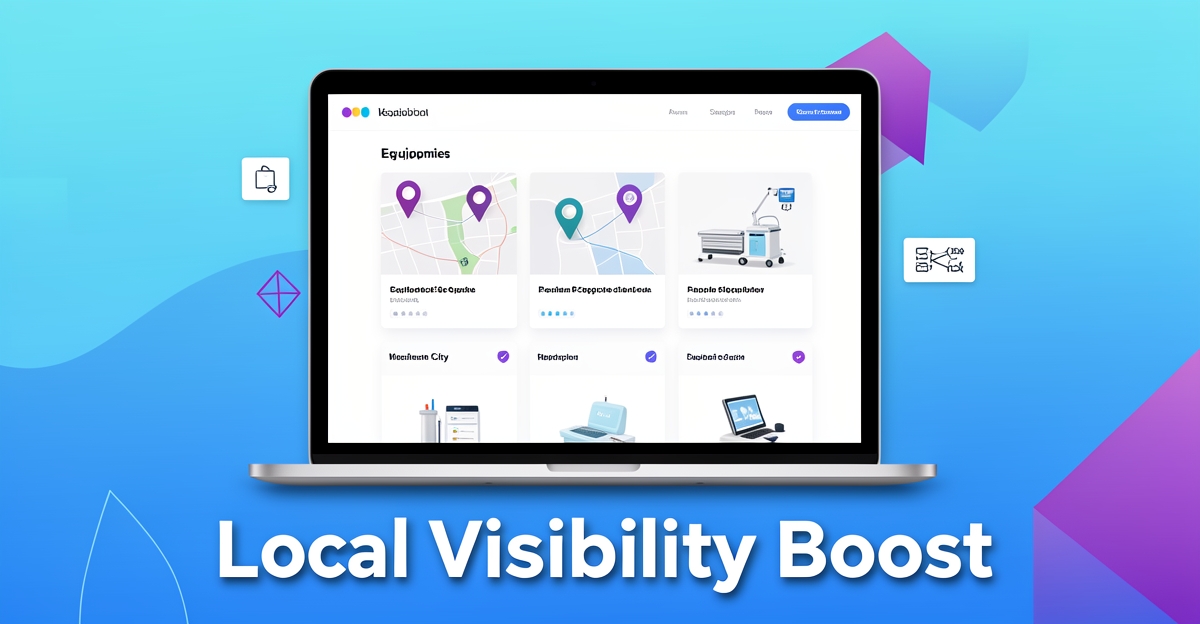 A minimalist flat illustration of a medical equipment rental website interface with city-specific pages and schema icons, featuring the headline 'Local Visibility Boost' as a designed overlay in the lower third.