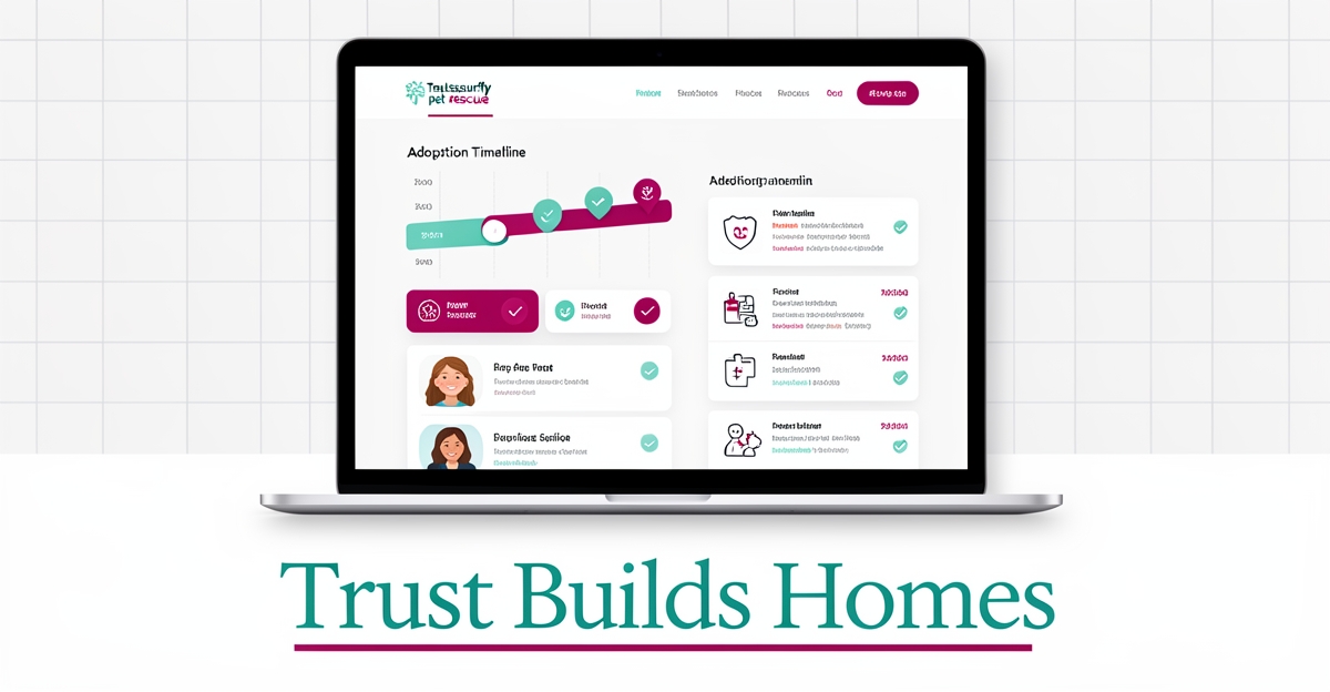 Flat illustration of a pet rescue website showing adoption timelines, staff bios, and care records with teal and magenta trust badges.
