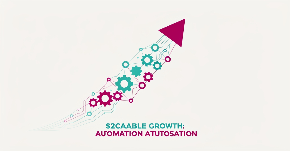 Minimalist flat illustration of connected nodes forming an upward arrow in teal and magenta, symbolizing scalable website growth for nanny agencies.