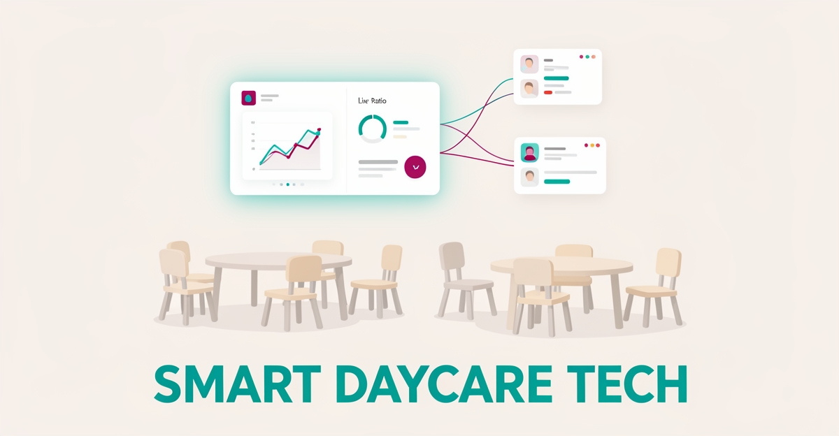 Flat illustration of a daycare classroom with a digital dashboard showing live ratio tracking and automated reporting, accented in teal and magenta.