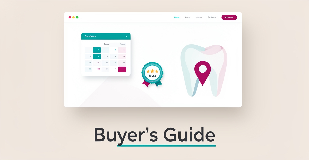 Flat illustration of a denture clinic website mockup with booking, reviews, and location icons in teal and magenta accents.