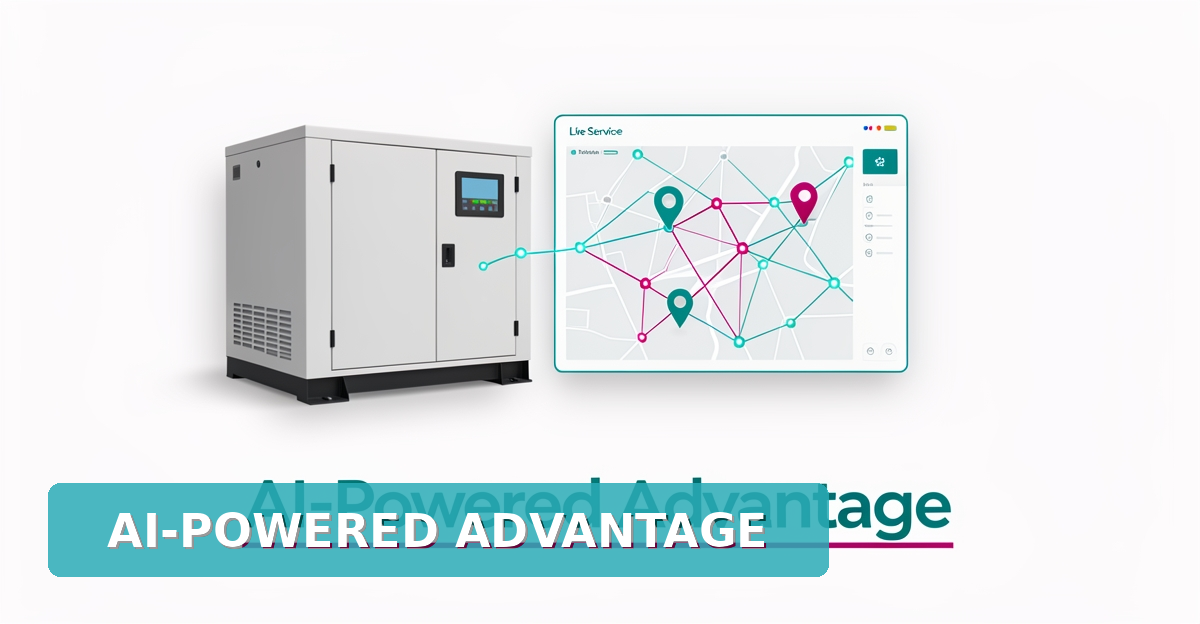 Flat illustration of a backup generator beside an AI-driven service map dashboard with teal and magenta accents and a bold headline.