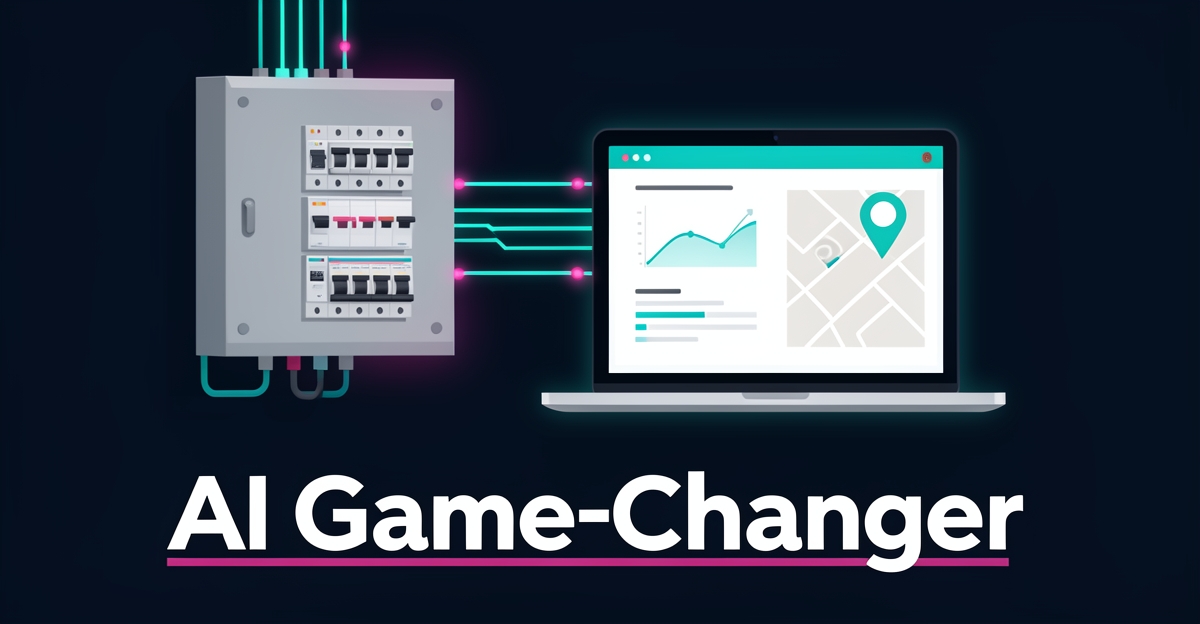 Flat illustration of an industrial electrical panel connected to a laptop dashboard with AI circuit lines in teal and magenta, headlined AI Game-Changer.