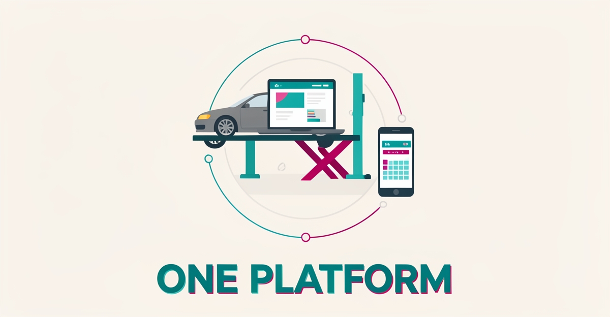 Flat illustration of an auto shop car lift, laptop, and phone unified in one teal and magenta hub, headline reading One Platform.
