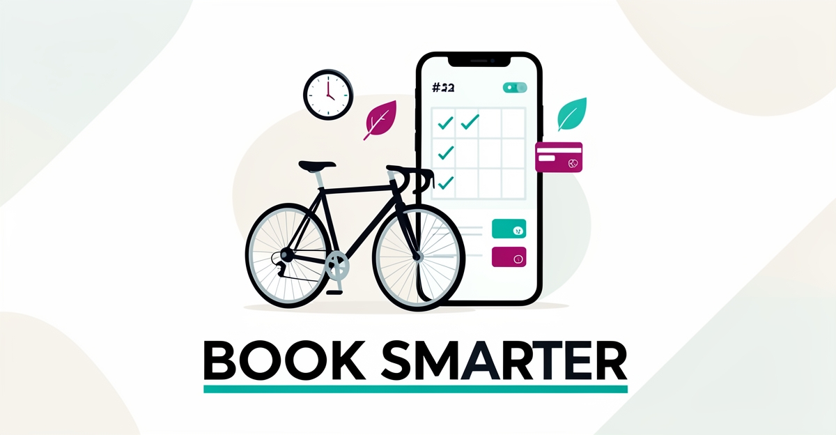 Flat illustration of a bicycle next to a smartphone showing a booking calendar, with teal and magenta accents and the headline Book Smarter.
