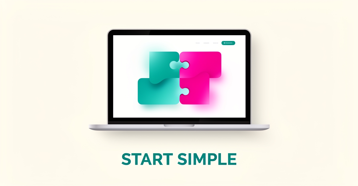 Flat illustration of a laptop assembling a website effortlessly, symbolizing an easy managed platform for beginners.