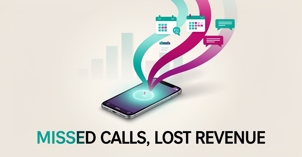 Flat illustration of a smartphone with missed call alert transforming into AI-recovered bookings, with teal and magenta accents.