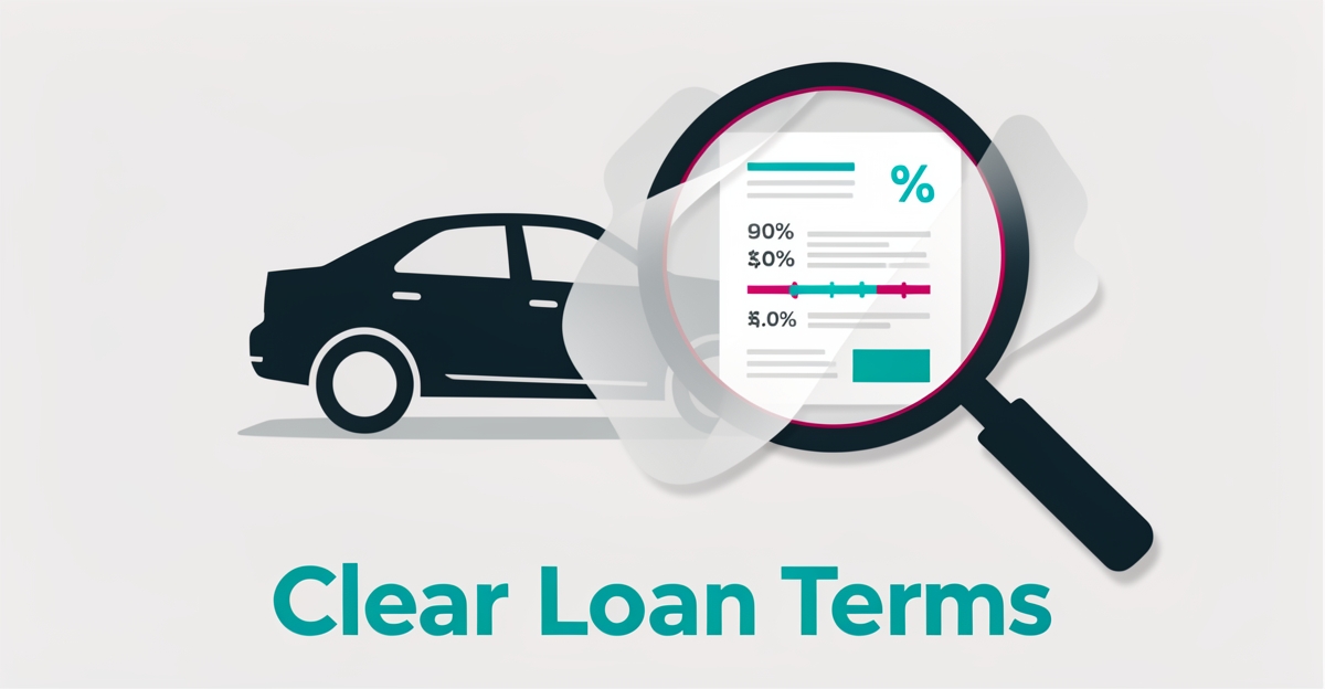 Flat illustration of a magnifying glass revealing clear auto loan terms beside a car, symbolizing transparent financing.