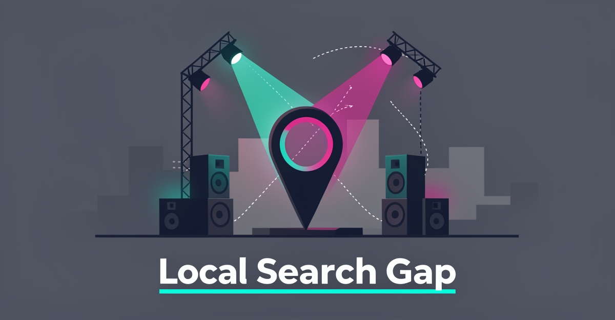 Flat illustration of a glowing map pin with a spotlight beam among event production icons, symbolizing local search visibility for AV companies.
