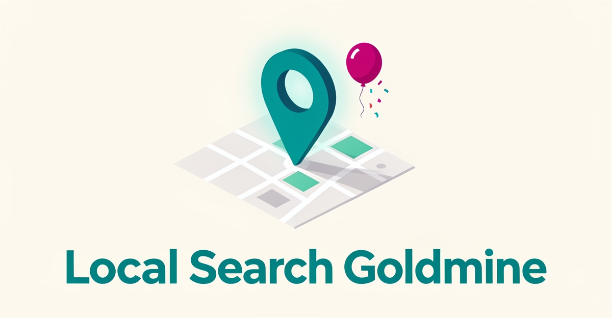 Flat illustration of a map pin over a city grid with birthday balloons, representing ranking for local birthday party venue searches.