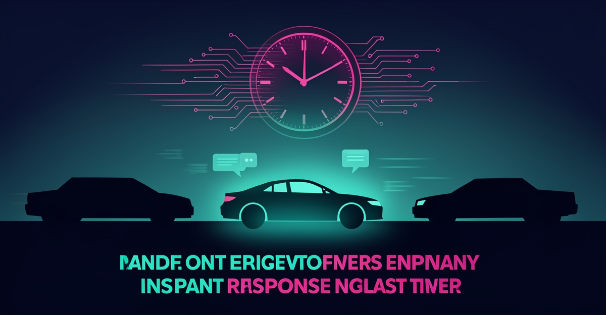 Flat illustration of a dealership lot with a glowing car and a clock dissolving into AI circuitry, symbolizing instant lead response.