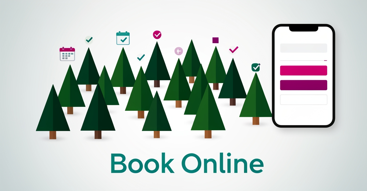 Flat illustration of a Christmas tree farm with digital booking icons above trees, accented in teal and magenta, with 'Book Online' headline.