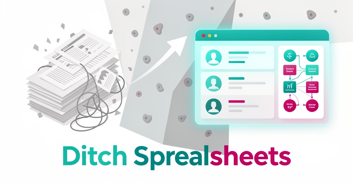 Flat illustration of climbing gym spreadsheets transforming into an AI-driven CRM dashboard with teal and magenta accents.