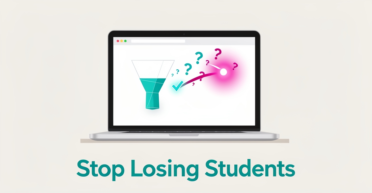 Flat illustration of a laptop with a website funnel losing question marks, symbolizing coding bootcamps losing students to vague websites.