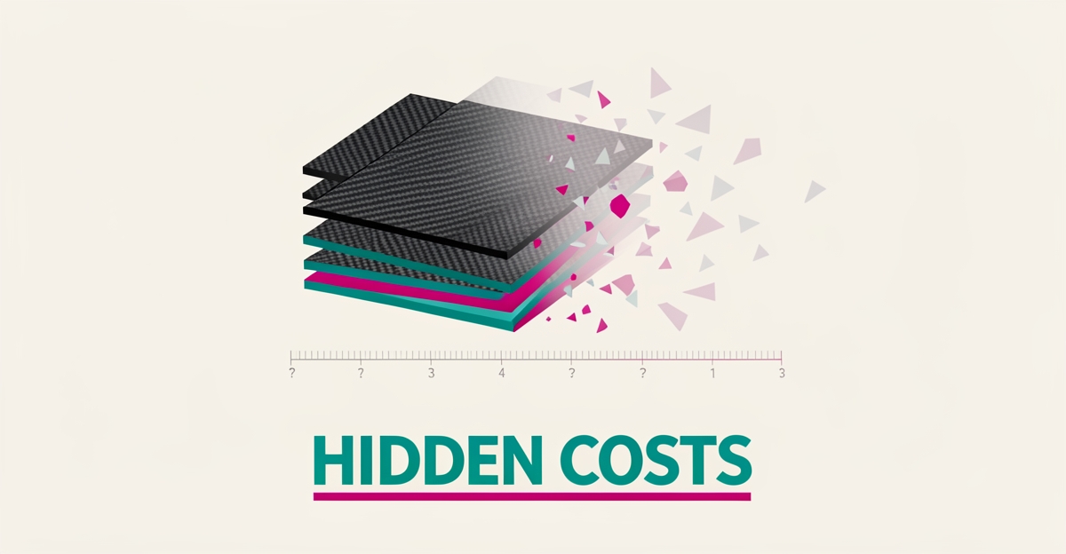 Flat illustration of composite panels dissolving into fragments with a questioned timeline, highlighting hidden costs of unclear lifespan data.